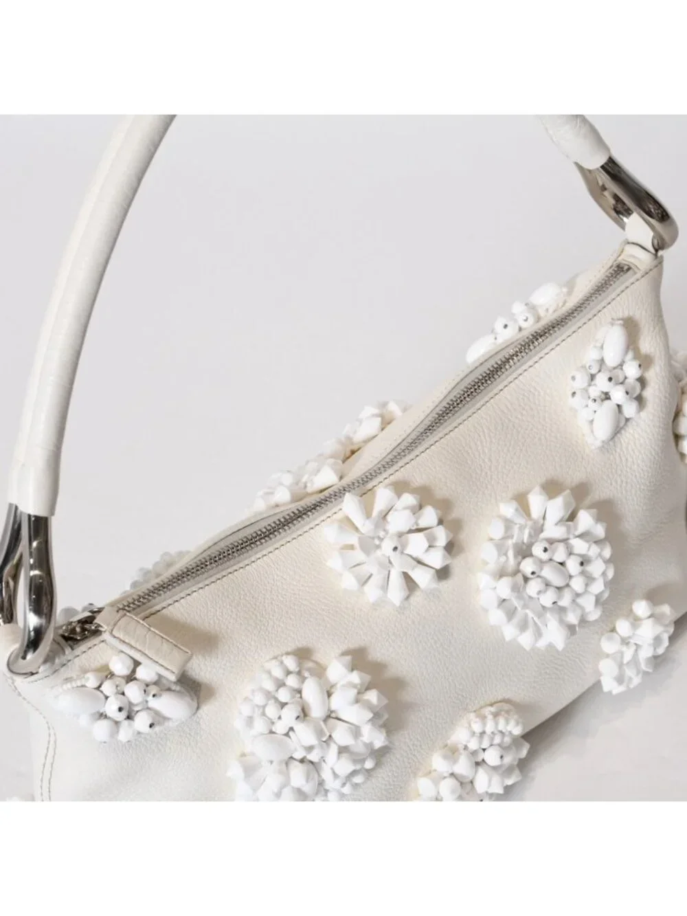 Prada Hobo Handbag Beads Leather White